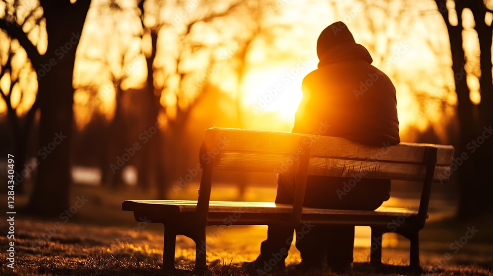 Poster Lonely figure seated on a bench in a park during sunset experiencing tranquility and reflection : Generative AI