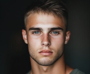 Obraz premium A young man with short hair and light stubble looks directly at the camera. His eyes are filled with emotions a mixture of determination and thoughtfulness.