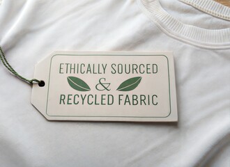 eco-friendly fabric tag, ethical mood, featuring "ETHICALLY SOURCED & RECYCLED FABRIC" text with leaf motifs
