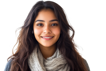 Smiling young woman with long dark hair in sweater