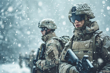 Naklejka premium Armed soldiers in winter camouflage patrolling in heavy snowfall. Military operation in cold weather, tactical gear, and frozen landscape.