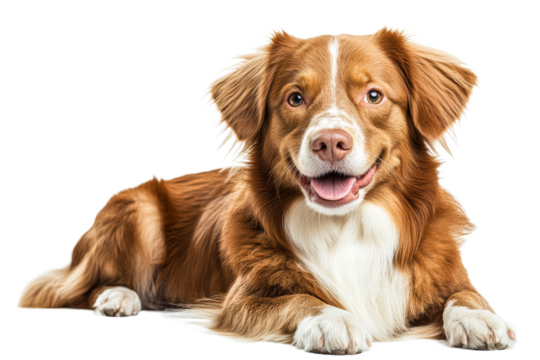Happy dog lying down in a studio setting