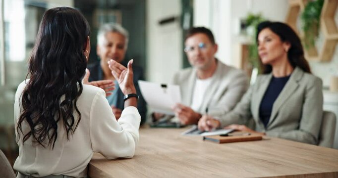 Business people, resume documents or woman in job interview with human resources for onboarding. Explain, offer and hr manager in meeting with cv in office for recruitment, hiring and work contract