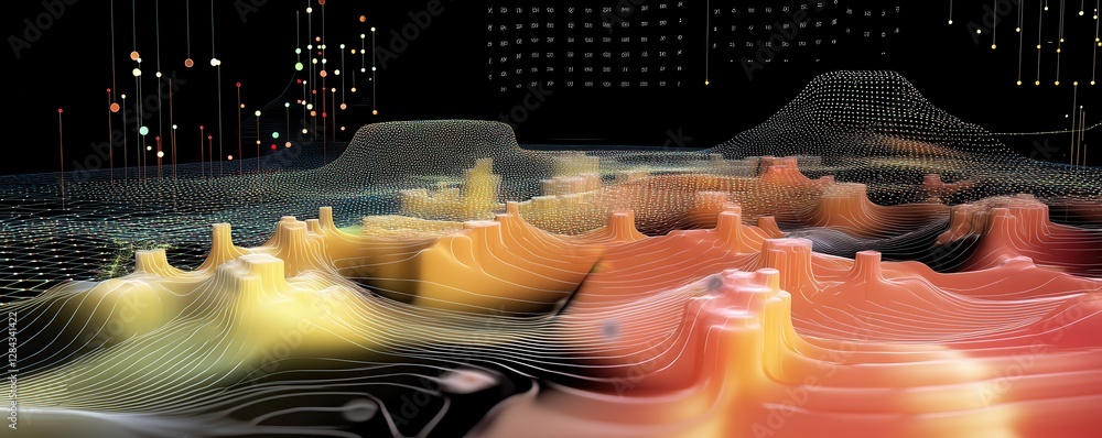 Poster vibrant 3d data visualization with colorful peaks and lines on a black background