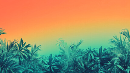 Tropical jungle silhouette with vibrant gradient sky background