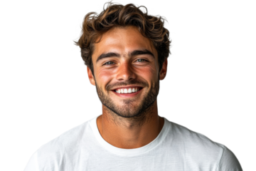 Smiling young man with curly hair in casual attire