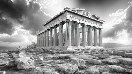 Obraz premium Black and white Parthenon ruins, dramatic sky, Greece (1)