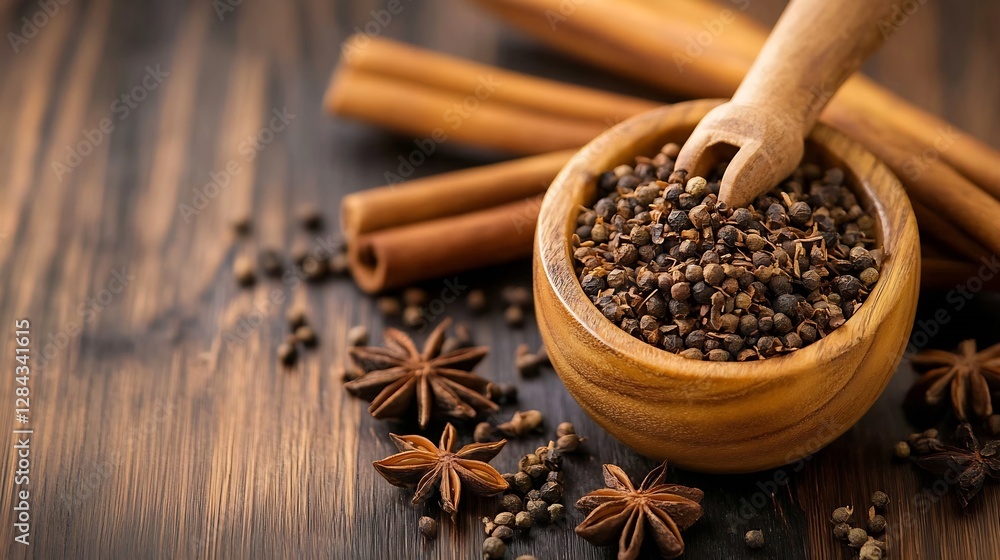 Poster a rustic wooden bowl filled with whole spices and cinnamon sticks arranged on a beautifully textured