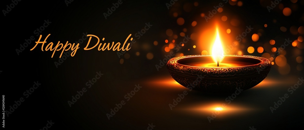 Poster lit oil lamp with glowing bokeh dots on dark background, for use as a greeting card