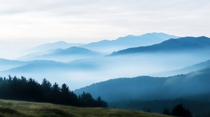 Obraz premium Misty mountain range viewed from a distance under a soft gray sky creating a serene atmosphere : Generative AI