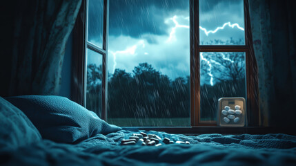 A dark, stormy night with lightning outside a window, as pills and medicine bottles sit on a bedside table

