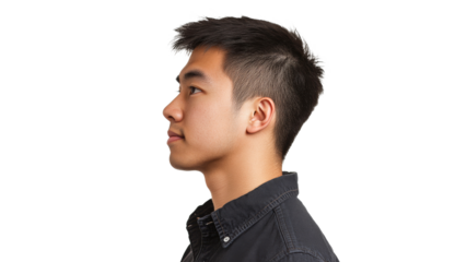 Young man in profile on plain backdrop