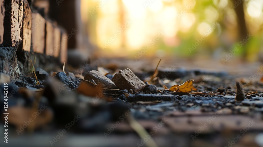 Poster close up view of rough stones and dry leaves on a blurred background during sunset : generative ai