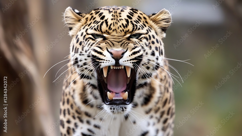 Poster majestic leopard with fierce expression roaring in natural environment : generative ai