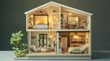 Miniature modern dollhouse with detailed interior and furniture design