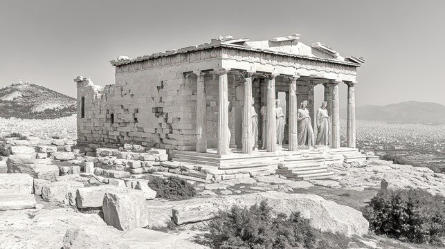 Fototapeta Black and white view of the Erechtheion, Acropolis, Athens, Greece, with city view