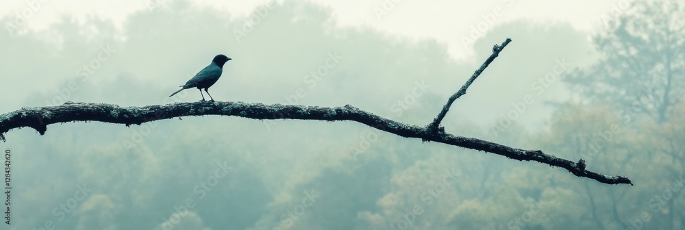 Poster Lone bird resting on a dry tree branch amidst a misty forest backdrop perfect for contemplation. Generative AI