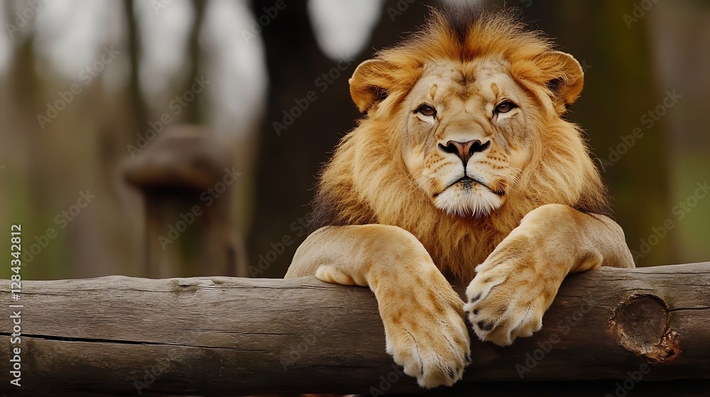 Poster Majestic lion resting with a serene expression in a natural environment full of greenery : Generative AI