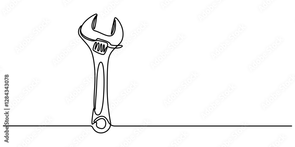 Poster One mechanical wrench for nuts drawn in one continuous line black color isolated on white background. Style of self drawing, Adjustable wrench continuous single line drawing vector illustration, pro. 