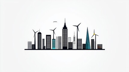 Oneline minimalist drawing of a city skyline powered by clean energy sources