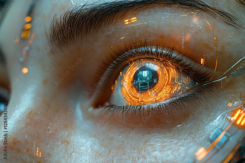 Poster close-up of a futuristic eye with orange digital interface details reflecting technology and innovat