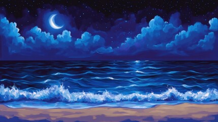 Naklejka premium Pixel Art Night Seascape with Crescent Moon and Starry Sky Over Ocean Waves