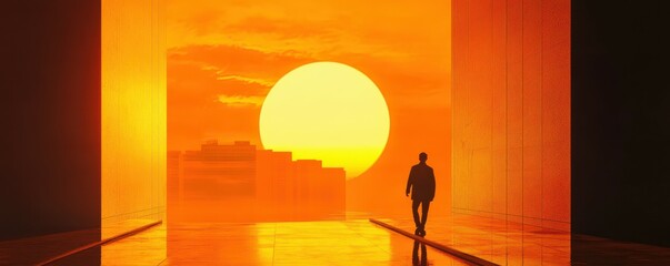 Fototapeta premium Silhouette of a person walking toward a sunset in an urban environment