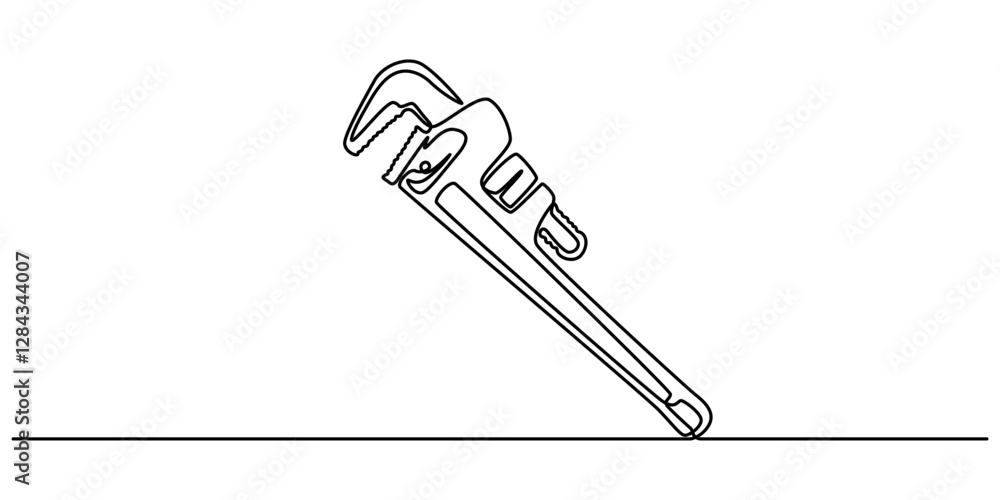 Poster One mechanical wrench for nuts drawn in one continuous line black color isolated on white background. Style of self drawing, Adjustable wrench continuous single line drawing vector illustration, pro. 