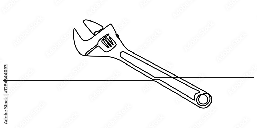 Poster One mechanical wrench for nuts drawn in one continuous line black color isolated on white background. Style of self drawing, Adjustable wrench continuous single line drawing vector illustration, pro. 