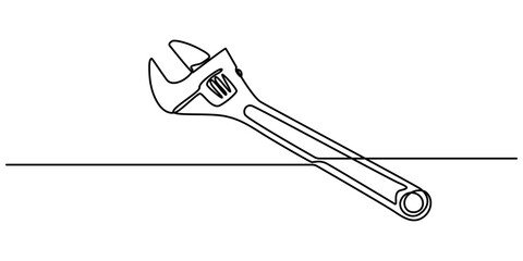 Fototapeta premium One mechanical wrench for nuts drawn in one continuous line black color isolated on white background. Style of self drawing, Adjustable wrench continuous single line drawing vector illustration, pro. 