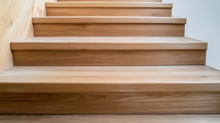Close up view of elegant wooden stairs showcasing smooth craftsmanship and natural wood grain details : Generative AI