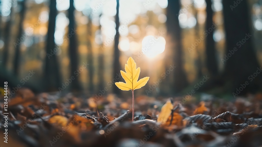 Poster golden autumn leaf emerging from forest floor surrounded by warm sunlight and trees : generative ai