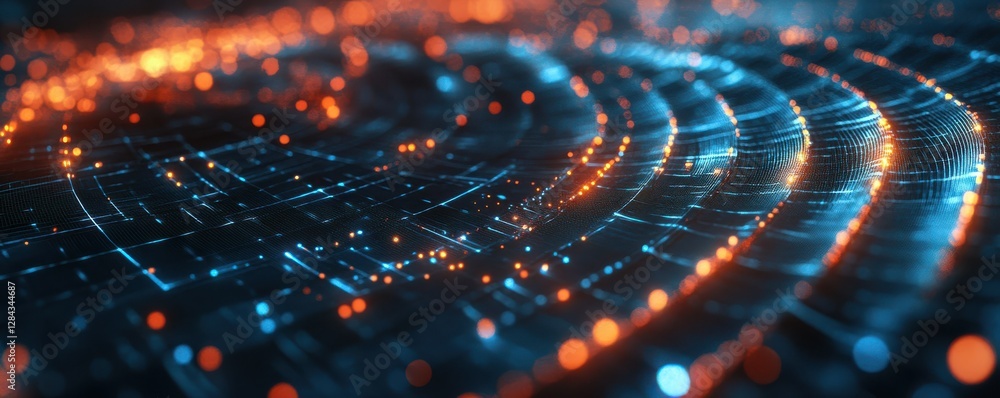 Poster illuminated abstract pattern with blue and orange glowing dots in circular arrangement