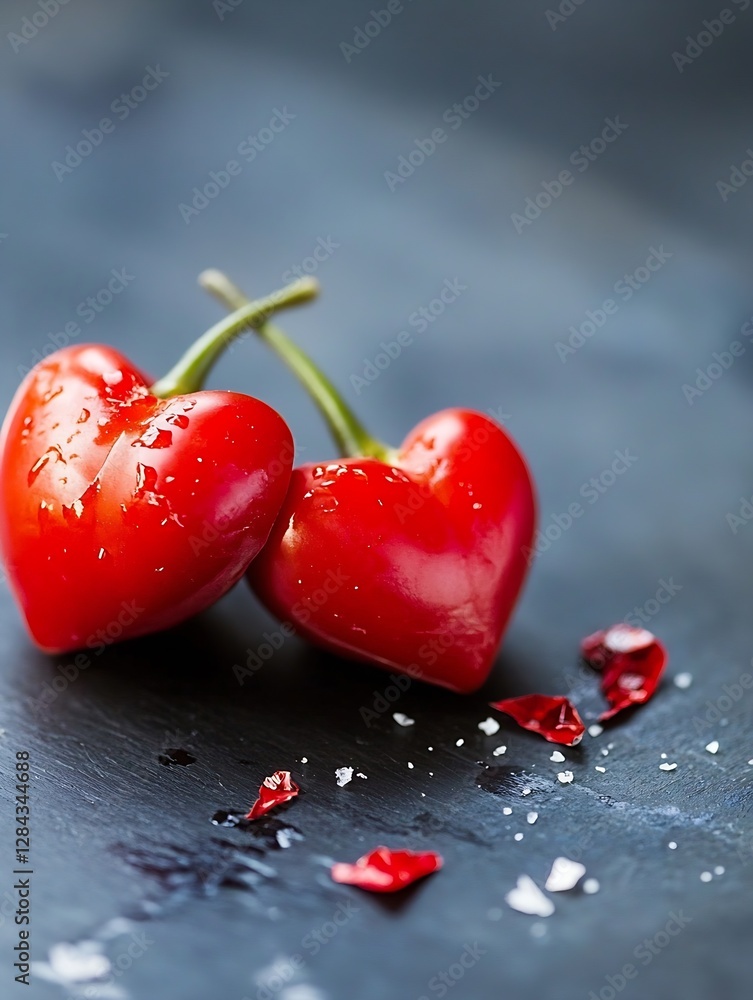 Aufkleber two vibrant red heartshaped tomatoes placed on a dark surface with scattered salt flakes : generativ