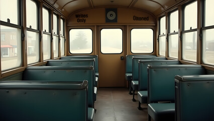 Fototapeta premium A recreation of a bus with segregated seating, symbolizing historical racial segregation in public transportation.