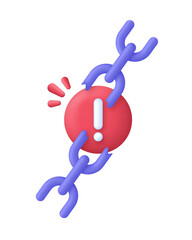 3D Broken chain and exclamation mark. Something went wrong. Error message. Trendy and modern vector in 3d style