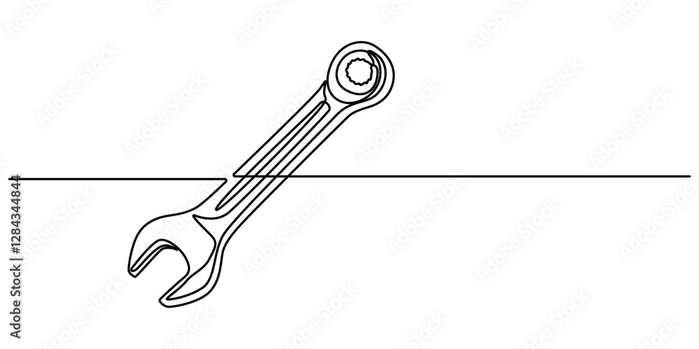 Aufkleber One mechanical wrench for nuts drawn in one continuous line black color isolated on white background. Style of self drawing, Adjustable wrench continuous single line drawing vector illustration, pro. 