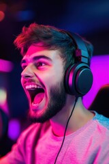 Gaming: a guy with headphones is playing VR, vivid emotions. 