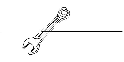 One mechanical wrench for nuts drawn in one continuous line black color isolated on white background. Style of self drawing, Adjustable wrench continuous single line drawing vector illustration, pro. 