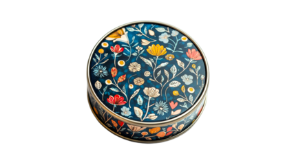Decorative round tin with floral design on lid