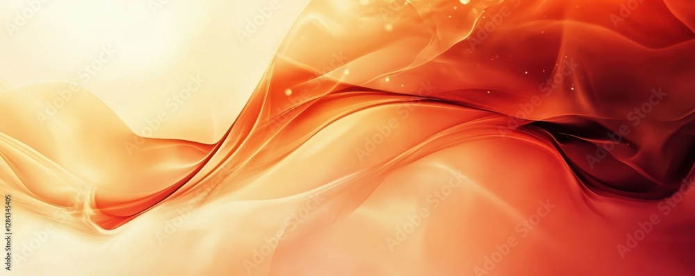 Poster abstract red and orange flowing waves with light sparks on smooth background
