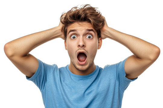 Young man expressing shock with hands on head