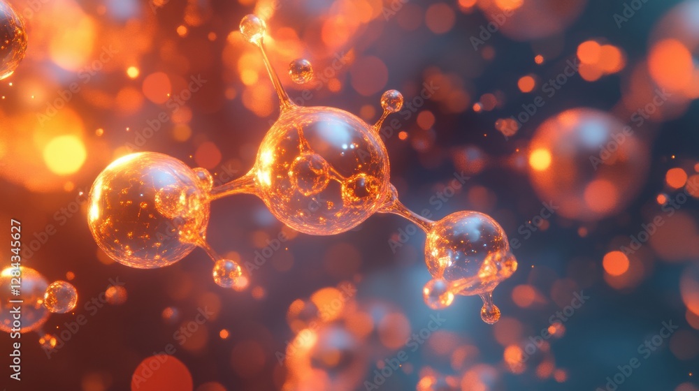Poster scientific visualization showcases gas molecules in dynamic motion with glowing atomic structures di