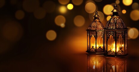 Fototapeta premium Traditional Ramadan lanterns glowing with warm bokeh lights 