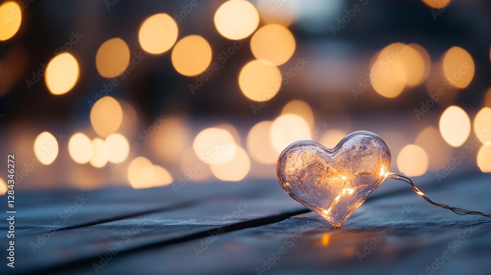 Poster beautiful heart shape made of glass glows softly amidst warm bokeh lights creating a romantic atmosp