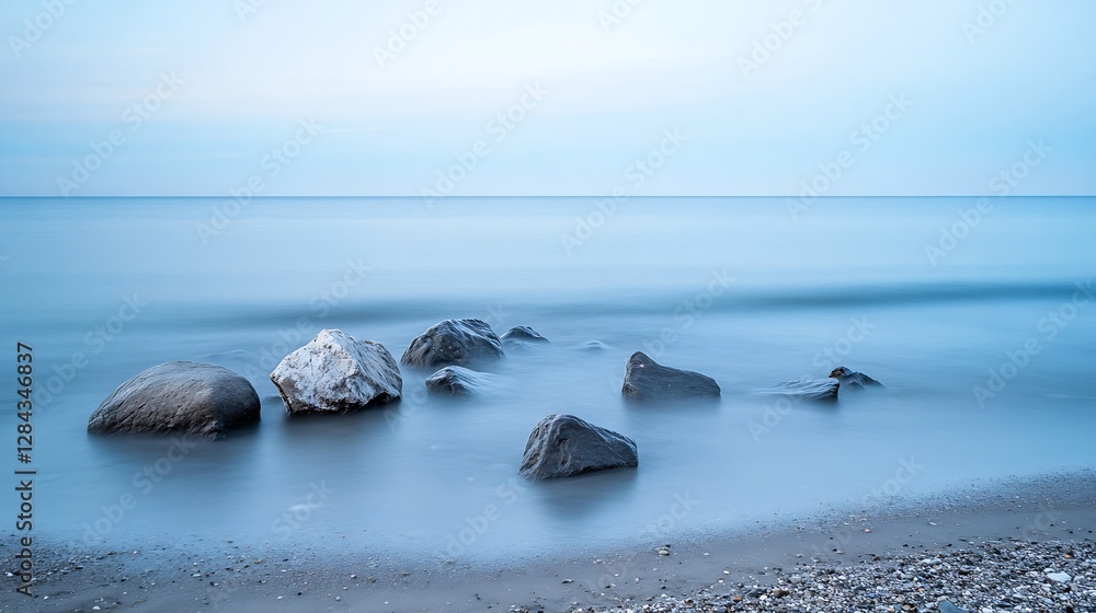 Poster serene coastal landscape featuring smooth stones on a tranquil beach with gentle waves and soft ligh