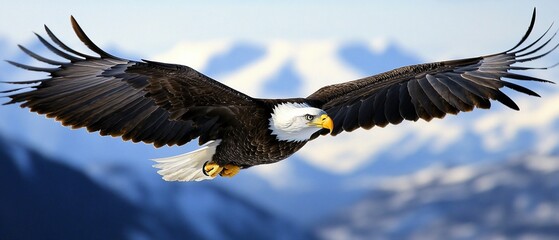 Naklejka premium Majestic Bald Eagle Soaring Over Snowy Mountains