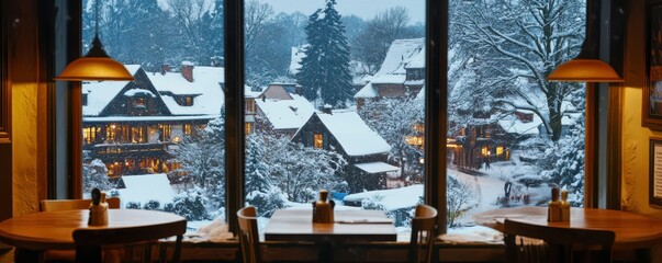 Cozy winter village scene viewed from warm café window on a snowy evening
