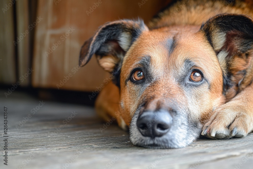 Aufkleber Dog resting on the floor with a calm expression in a cozy indoor setting during the day. Generative AI