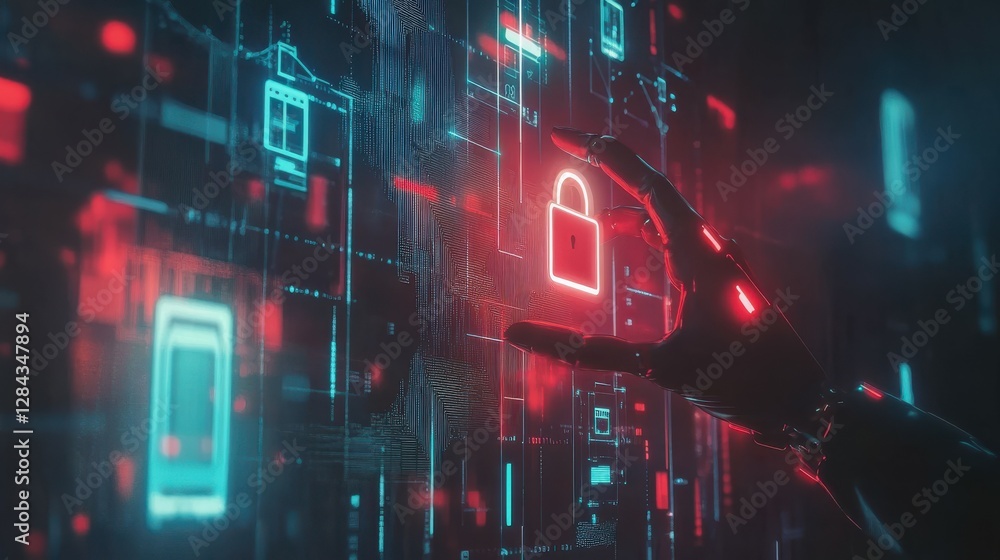 Poster futuristic cybersecurity concept with digital lock and robotic hand interaction